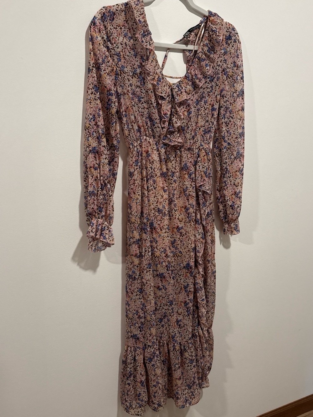 Zara Pink Floral Ruffle Long Sleeve Midi Dress